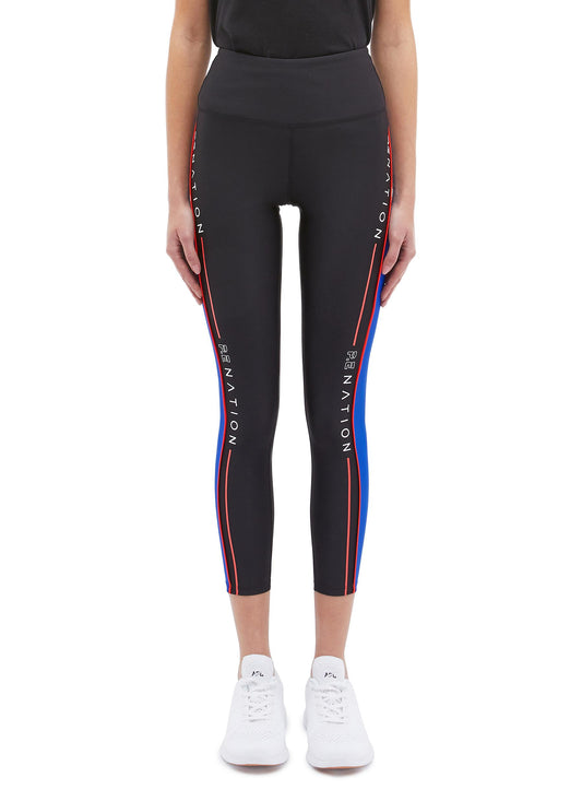 'Three Point' logo stripe outseam cropped performance leggings - P.E Nation - Black