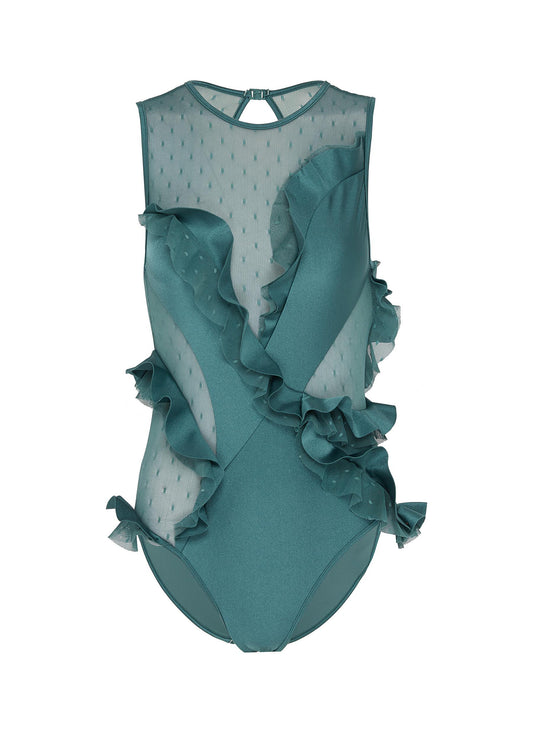 'Veneto' asymmetric ruffle mesh panel one-piece swimsuit